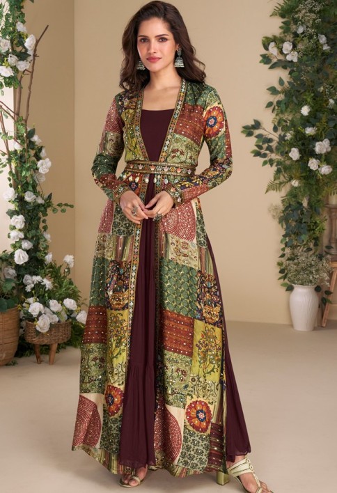 Designer Deep Wine Georgette Anarkali Gown with Multicolor Long Shrug